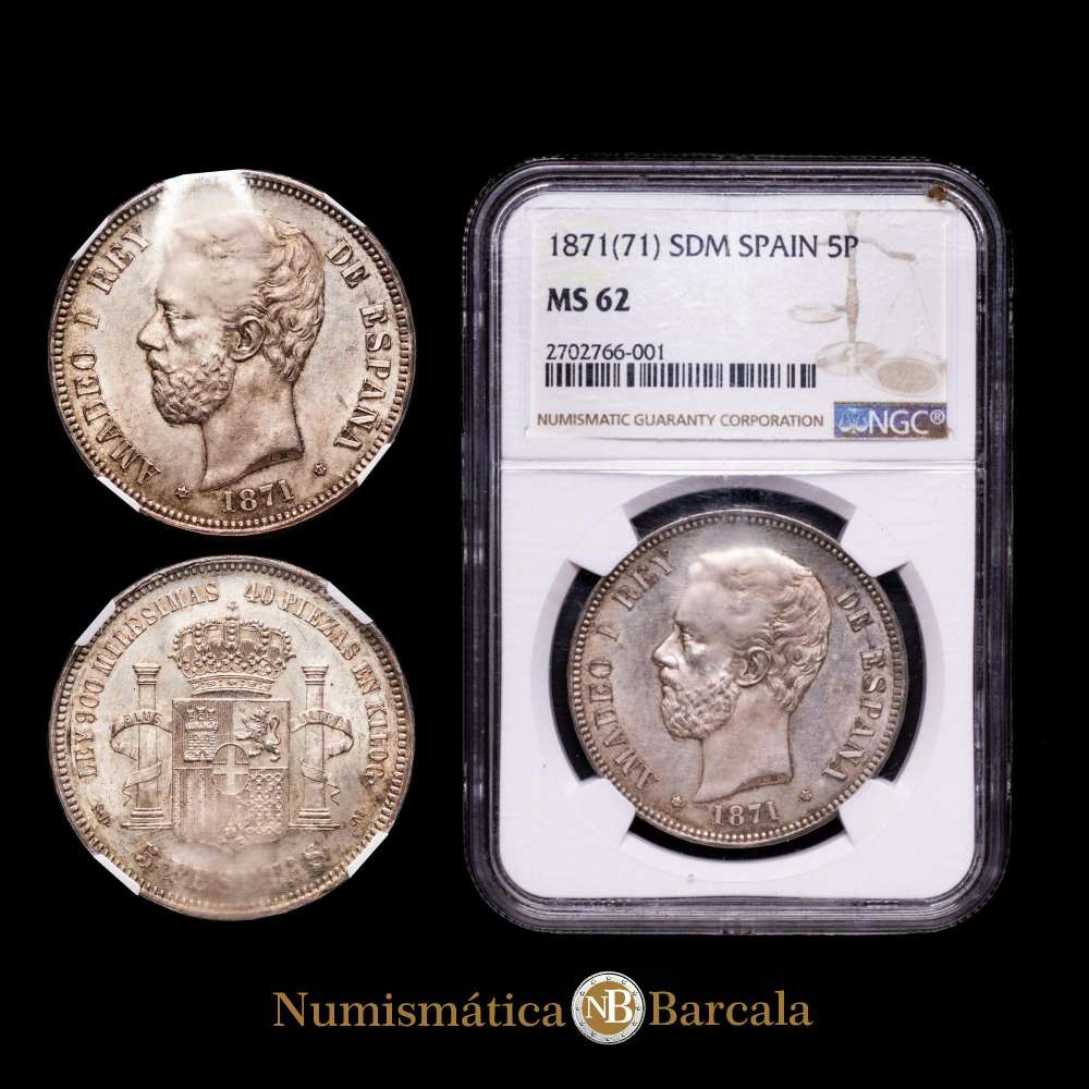 Amadeo I (1871-1873). 5 pesetas. 1871*18-71. Madrid. SDM. (Cal-1). Ag. Suave pátina de monetario. Restos de brillo original. Encapsulada por NGC como MS 62.