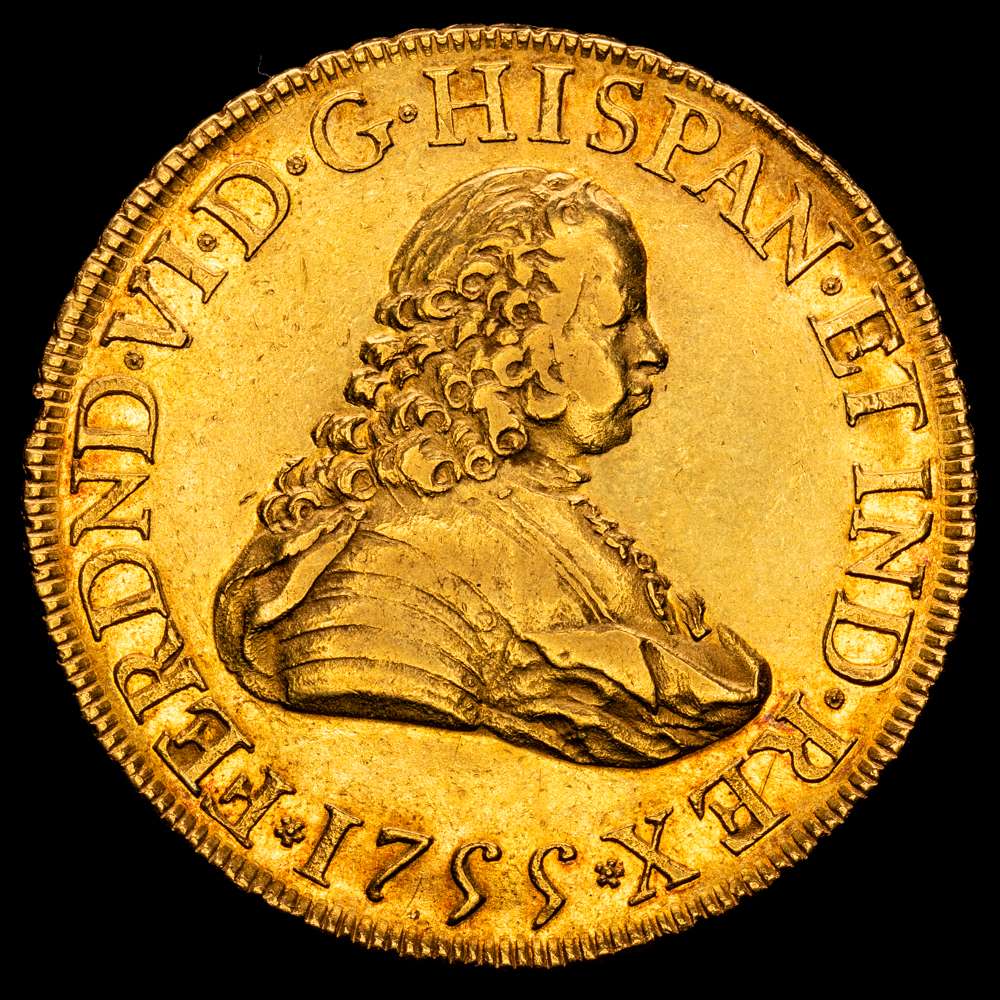 Fernando VI (1746-1759). 8 escudos. 1755. México. MM. (Cal-790). (27,01 g.). Au. Gran parte de brillo original. Ligeros tono iridiscente en las periferias. Atractiva. Rara. EBC.