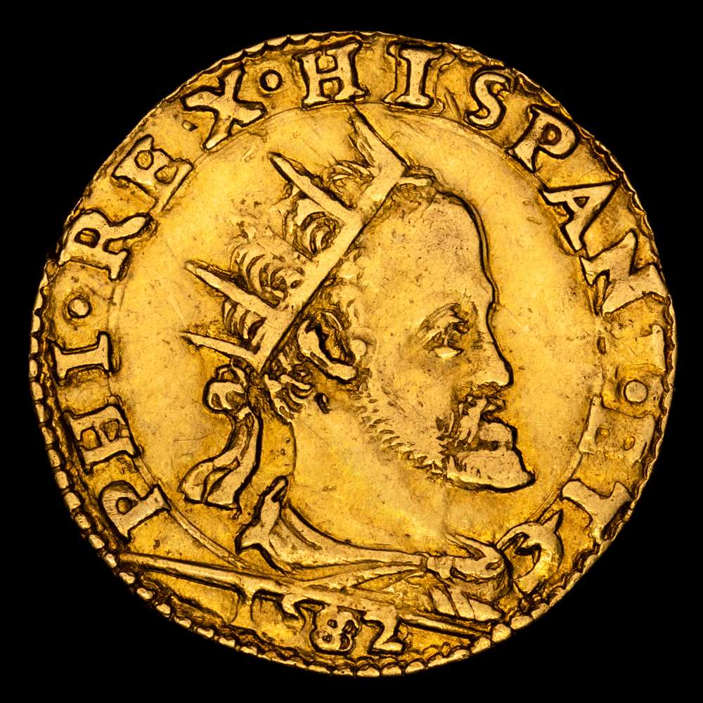 Felipe II de España (1556-1598). Doppia de oro, 1582. MEDIOLANI.DVX, 6,50 g (Fr 716; CNI V, 58; Crippa 4/B). XF+.