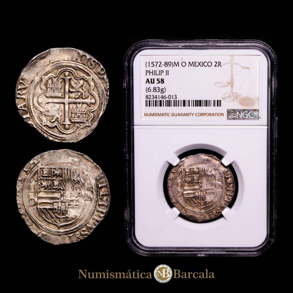 Felipe II (1556-1598). 2 reales. Sin fecha. México. M. (Cal-356).(6.83 g.). Catalogada por NGC como AU 58 (Top Pop) , la mejor conocida en el censo de NGC.