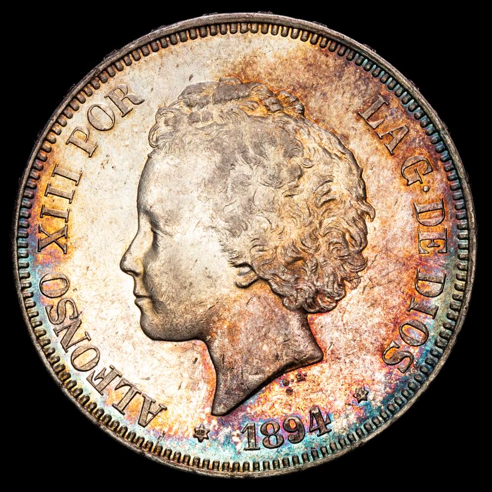 Alfonso XIII. 5 Pesetas. (25,00g.). Madrid. 1894. Ensayador PG·V. AC-104. EBC+. Patina irregular iridiscente.