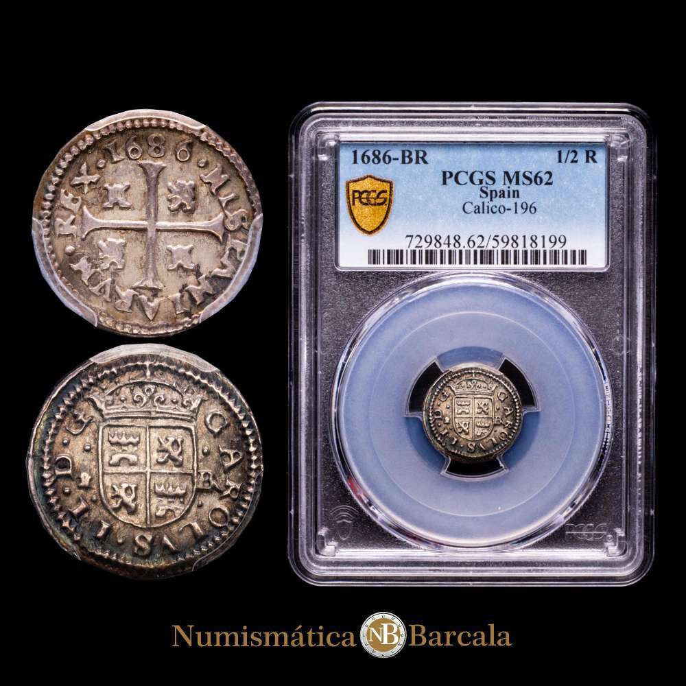 Carlos II (1665-1700). 1/2 real. 1686. Segovia. BR. (Cal-196). Ag. Encapsulado por PCGS MS 62. (Top Pop).