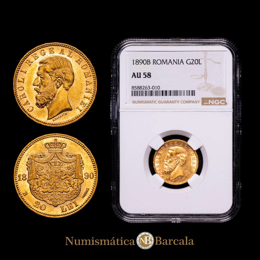 RUMANIA: 20 Lei.Carol I. 1890 B (Bucharest). (Oro 900, 21 mm, 6,45 g, 6 h). (KM 20). Encapsulado por PCGS como AU 58