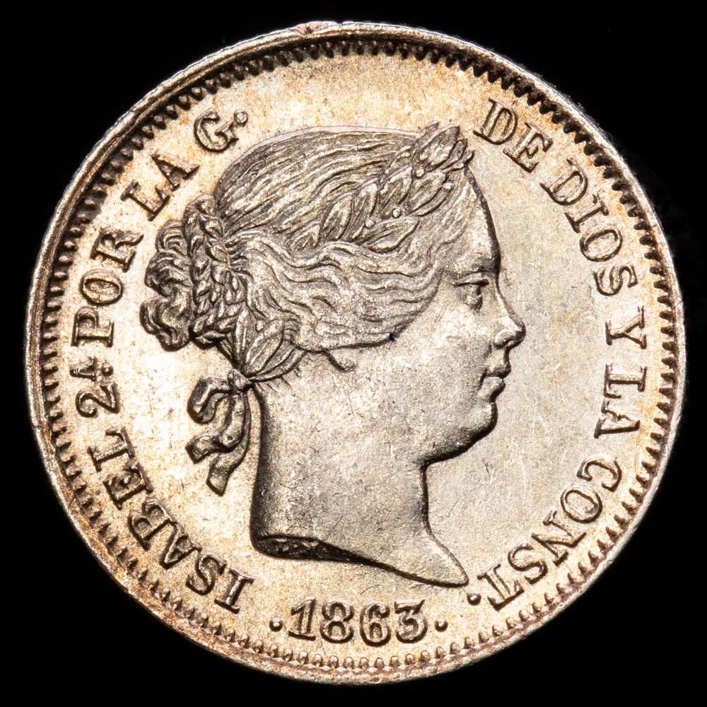 Isabel II (1833-1868). 1 real. 1863/1. Sevilla. (Cal-335). Ag. 1,34 gramos. Sobrefecha. Restos de brillo originales. Escasa. EBC-.