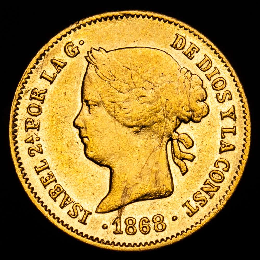 Isabel II (1833-1868). 1 peso. 1868. Manila. (Cal-833). Au. 1,68 g. VF.
