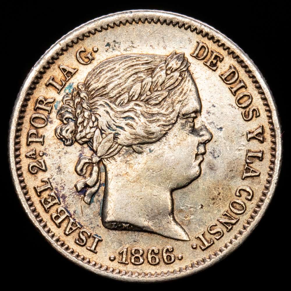 Isabel II (1833-1868). 10 céntimos de escudo. 1866. Madrid. (Cal-339). Ag. 1,32 gramos. Muy escaso. MBC+. Tono.