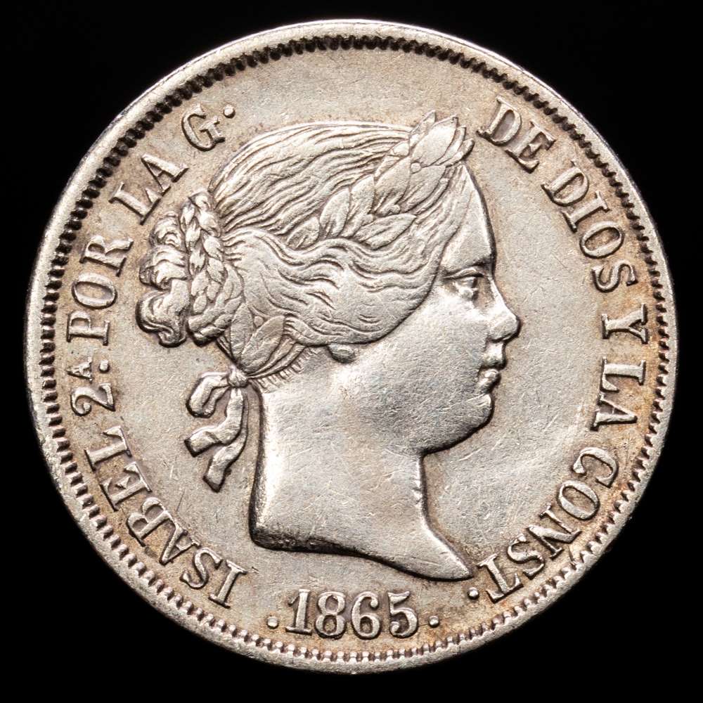Isabel II (1833-1868). 40 céntimos de escudo. 1865. Sevilla. (Cal-504). Ag. 5,13 gramos. MBC. Escasa.