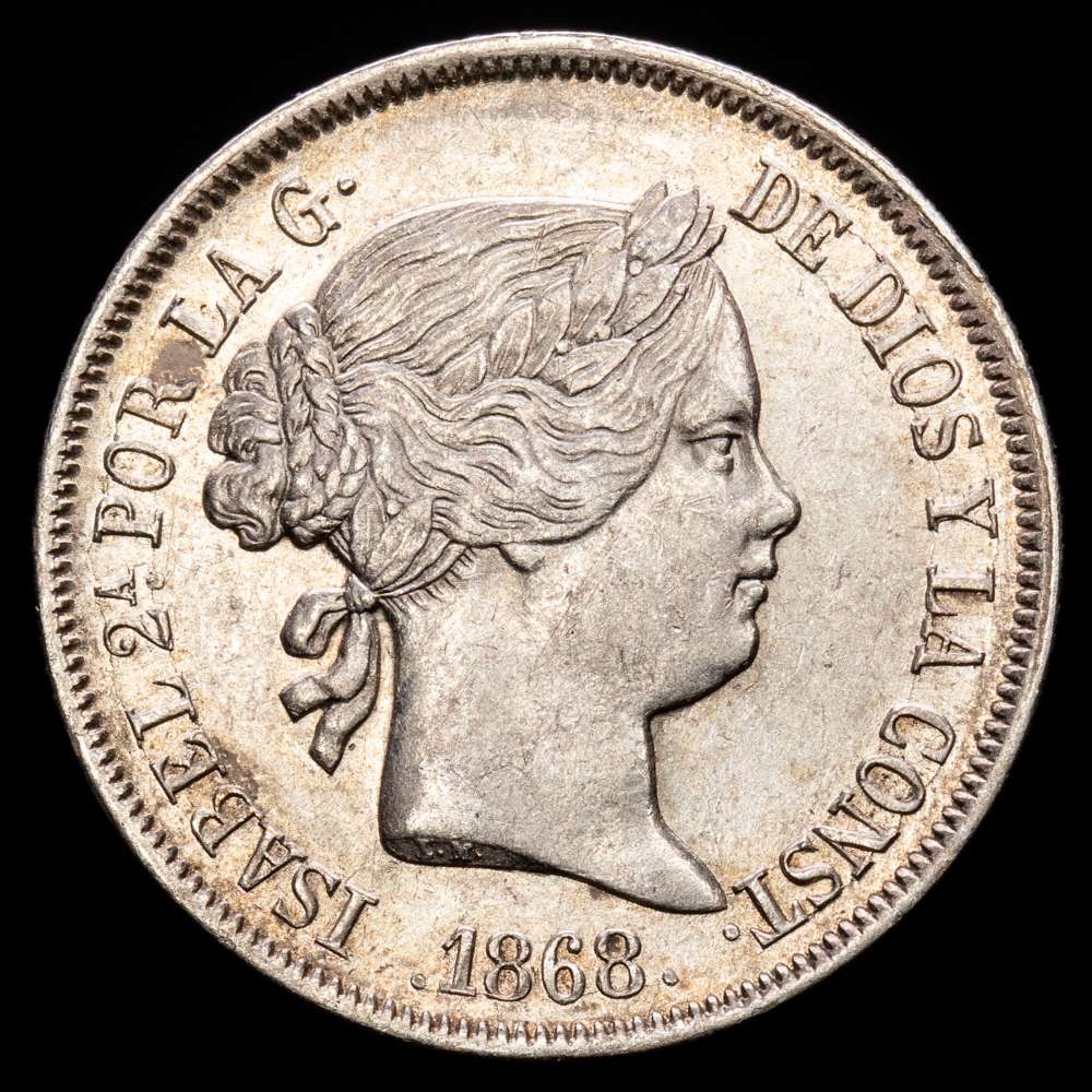 Isabel II (1833-1868). 40 céntimos de escudo. 1868*18-68. Madrid. (Cal-503). Ag. 5,13 gramos. EBC-/MBC+.