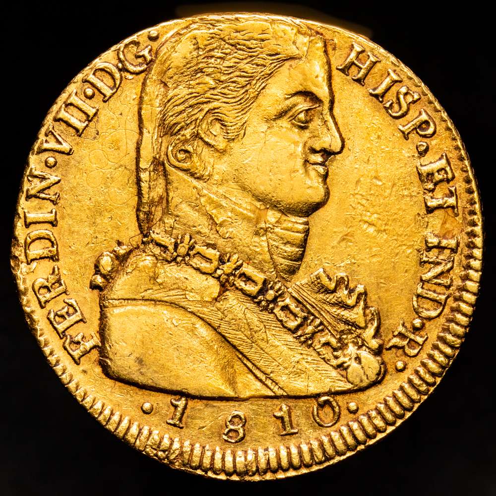 Fernando VII (1808-1833). 8 escudos. Santiago. 1810. FJ. (AC. 1863) (Cal.Onza 1346). 26´96 g. Busto almirante. Bello color. Mejor que MBC+/EBC-.