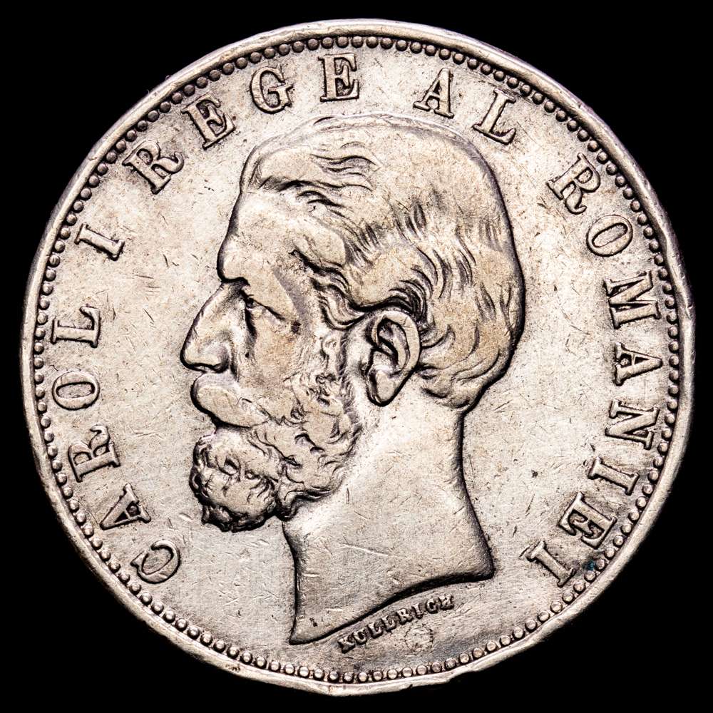 Rumania – Carlos I. 5 Lei. (24,81 g.). Bucarest. 1882. KM-17.1. VF+. Escasa. Golpecitos en el canto
