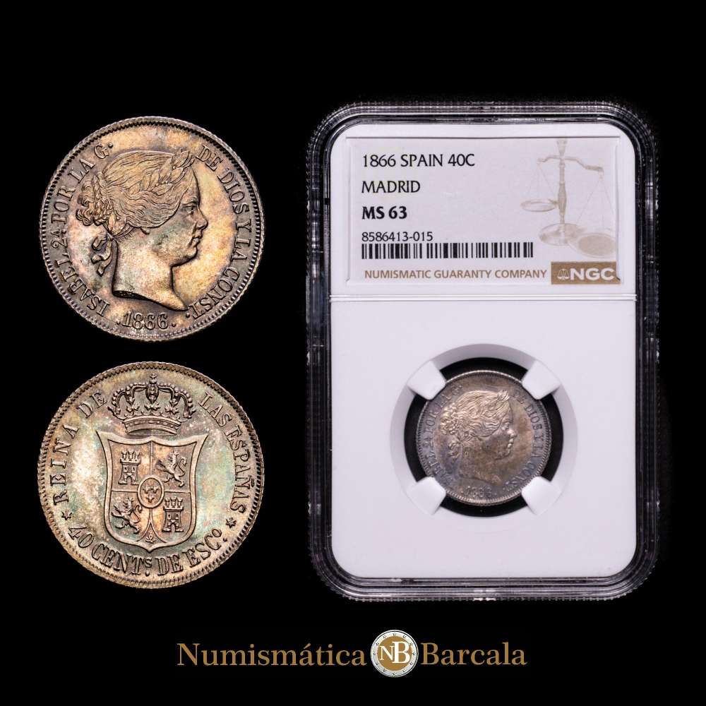 Isabel II (1833-1868). 40 céntimos de escudo. 1866. Madrid. (Cal-501). Ag. Rara en esta conservación.  Encapsulada por NGC como MS 63. Bella pátina.