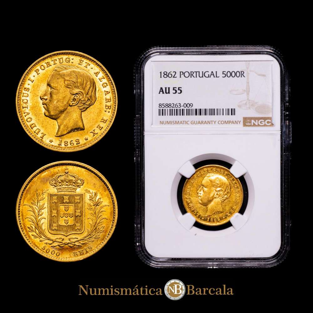 Portugal. 5000 Reis, 1862. Fr-150; KM-508. Peso 0,2614 onzas. Luis I, 1861-1889. Brillo original. Encapsulado por NGC como AU 55.
