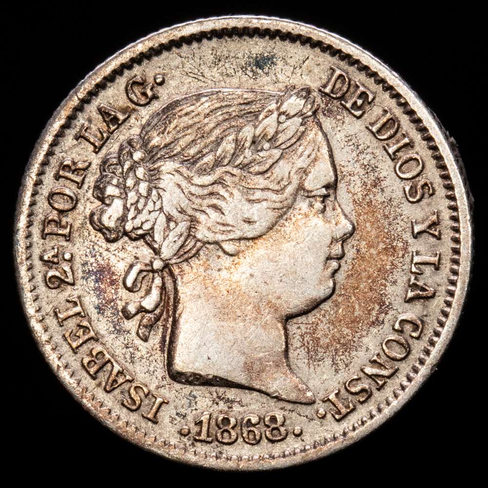 Isabel II (1833-1868). 10 céntimos de escudo. 1868*6-8. Madrid. (Cal-341). Ag. 1,29 gramos. MBC+. Muy escaso. Tono.