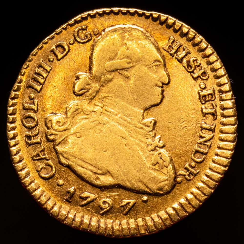 Carlos IV. 1797 Popayán. JF. 1 escudo. (AC. 1155) (Restrepo 85-12). Escaso. 3,35 gramos. MBC-.