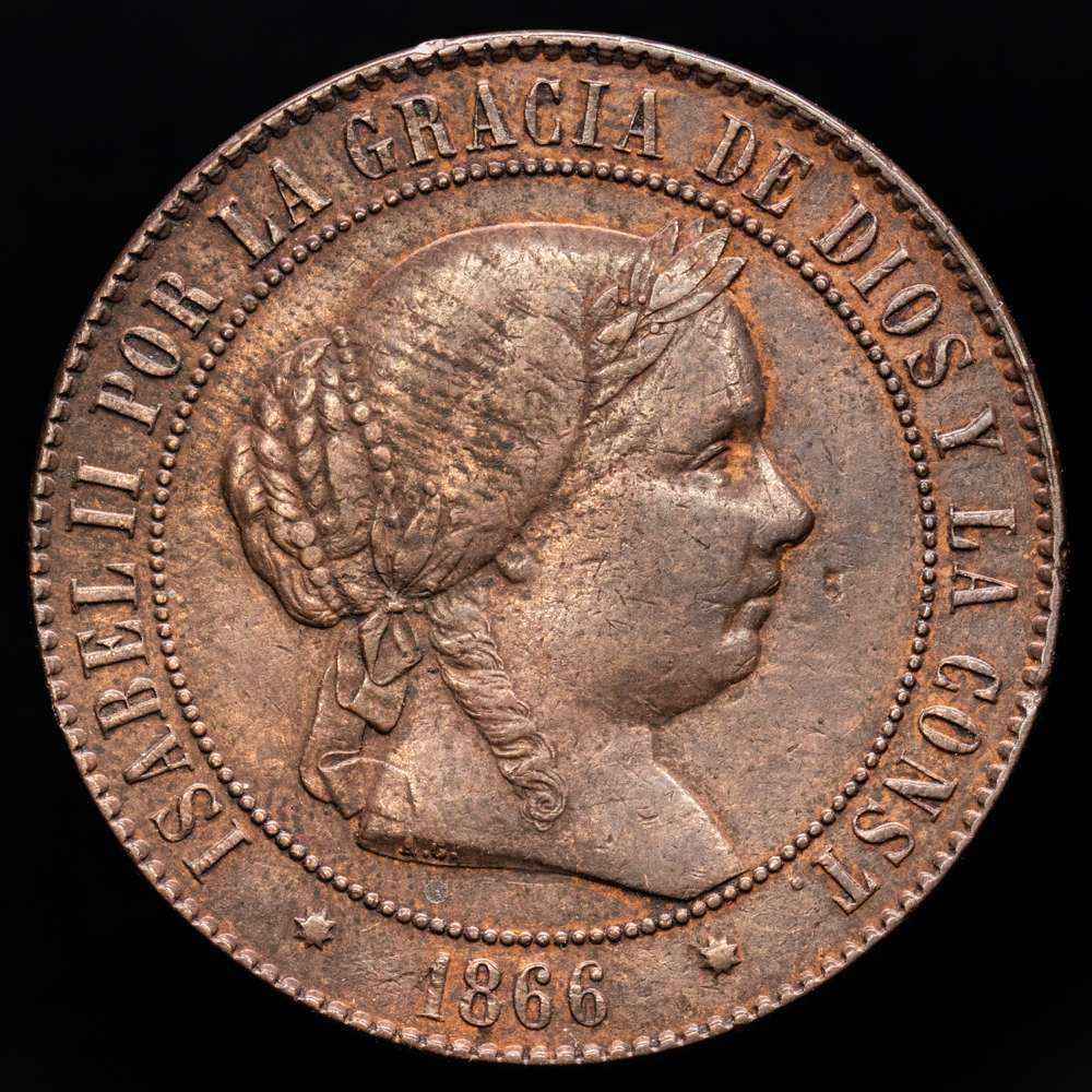Isabel II (1833-1868). 5 céntimos de escudo. 1866. Barcelona. Pecado OM. (Cal-244). Ae. 12,44 gramos. Escasa. MBC+.