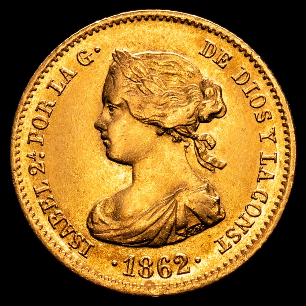 Isabel II (1833-1868). 40 reales. 1862/1. Madrid. (Cal-680). Au. 3,35 gramos. Sobrefecha. Restos de brillo originales. Escasa así. EBC+/SC-.