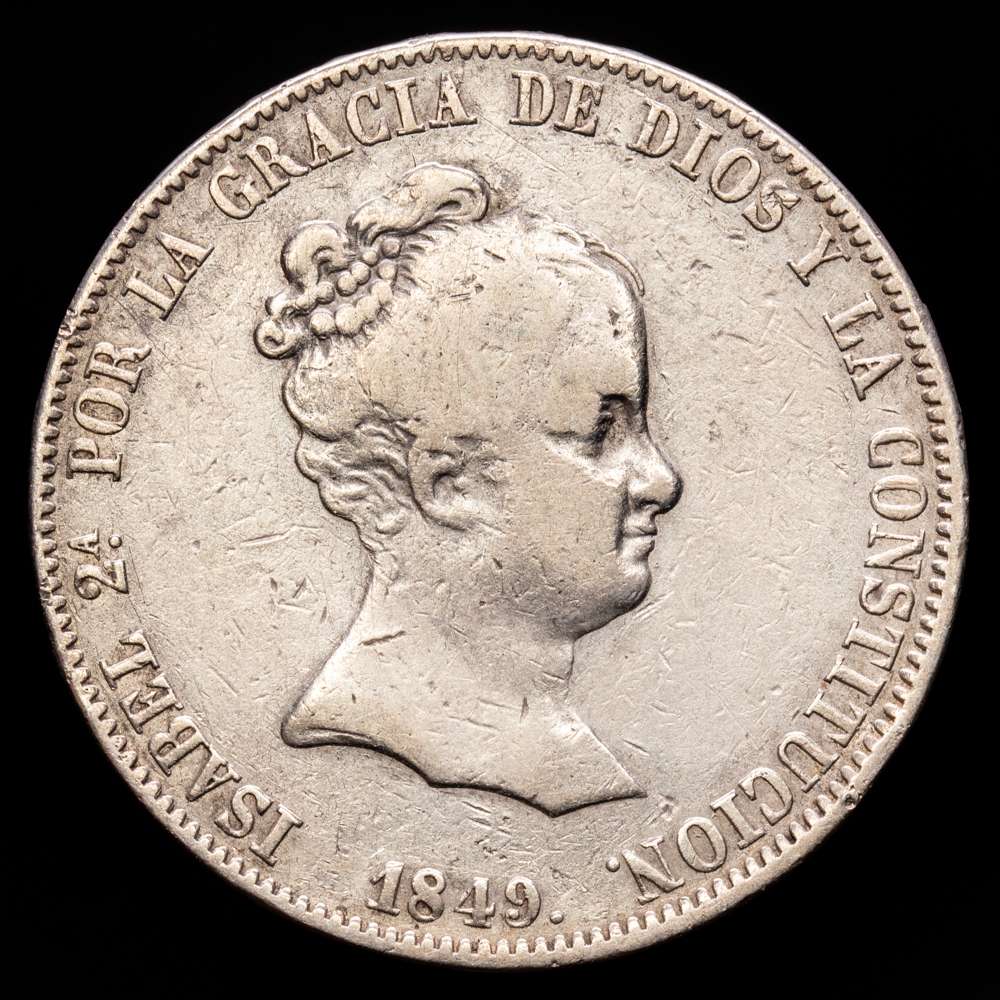 Isabel II (1833-1868). 20 reales. 1849. Madrid. CL. (Cal-588).Ag. 26,00 gramos. Leves golpecitos en el canto. Escasa. MBC.