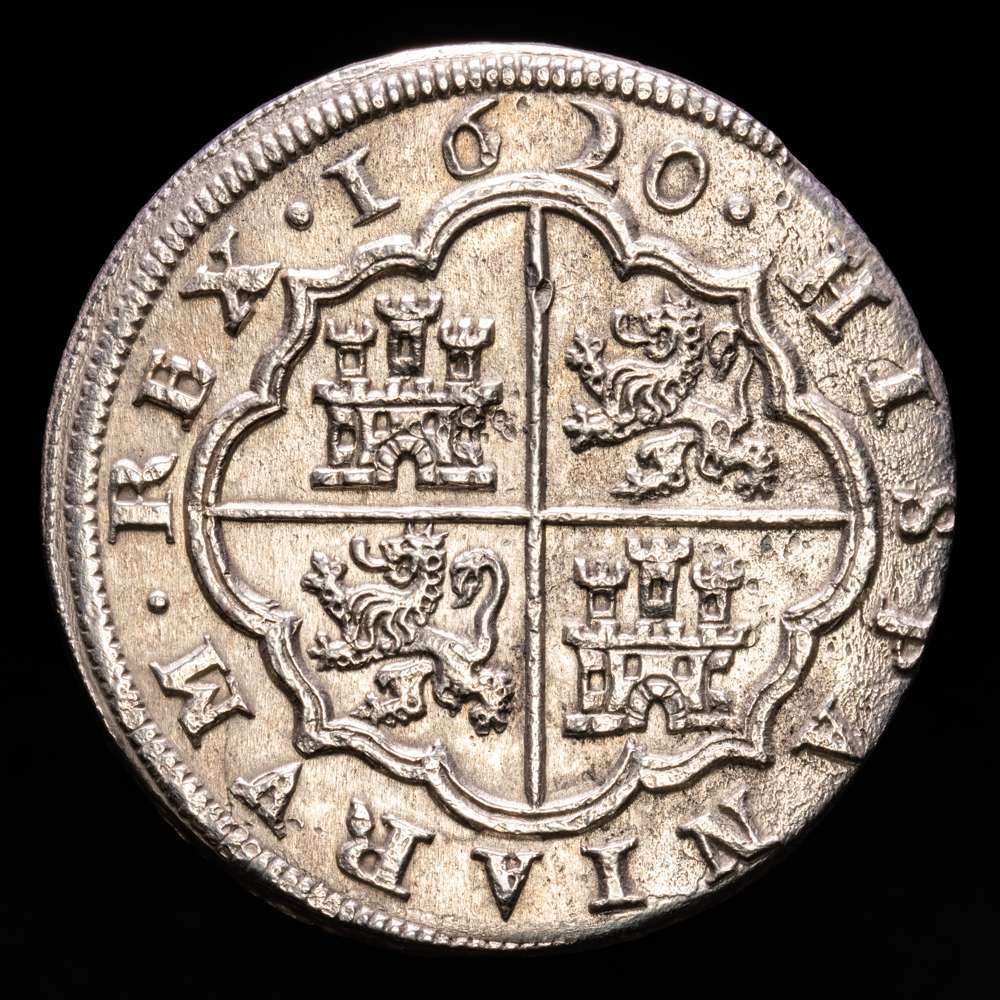 FELIPE III .8 Reales. 1620. SEGOVIA. A surmontada de cruz. 26,05 grs. Las V de la leyenda son A invertidas. Acueducto vertical de 2 pisos de 5 arcos. Cal-950. EBC-.