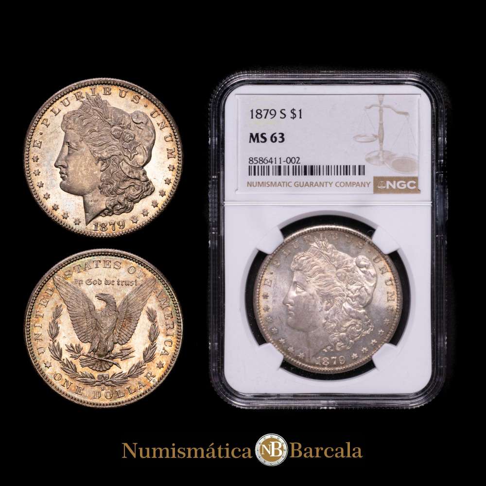 Estados Unidos. 1879. 1 Dólar “Morgan Dollar” Plata (.900) Casa de la Moneda de Filadelfia. KM.110. (11100000). 26.73g. Encapsulado por NGC como MS 63.