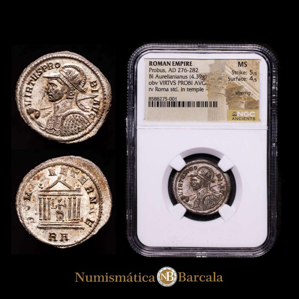 Imperio Romano, Probo, Roma 276-282. Antoniniano – excelente. RIC 196. Billón de plata, diámetro 22 x 24 mm, peso 4,39 g, eje 6 h. Encapsulado por NGC como MS. Strike 5/5, Surface 4/5.