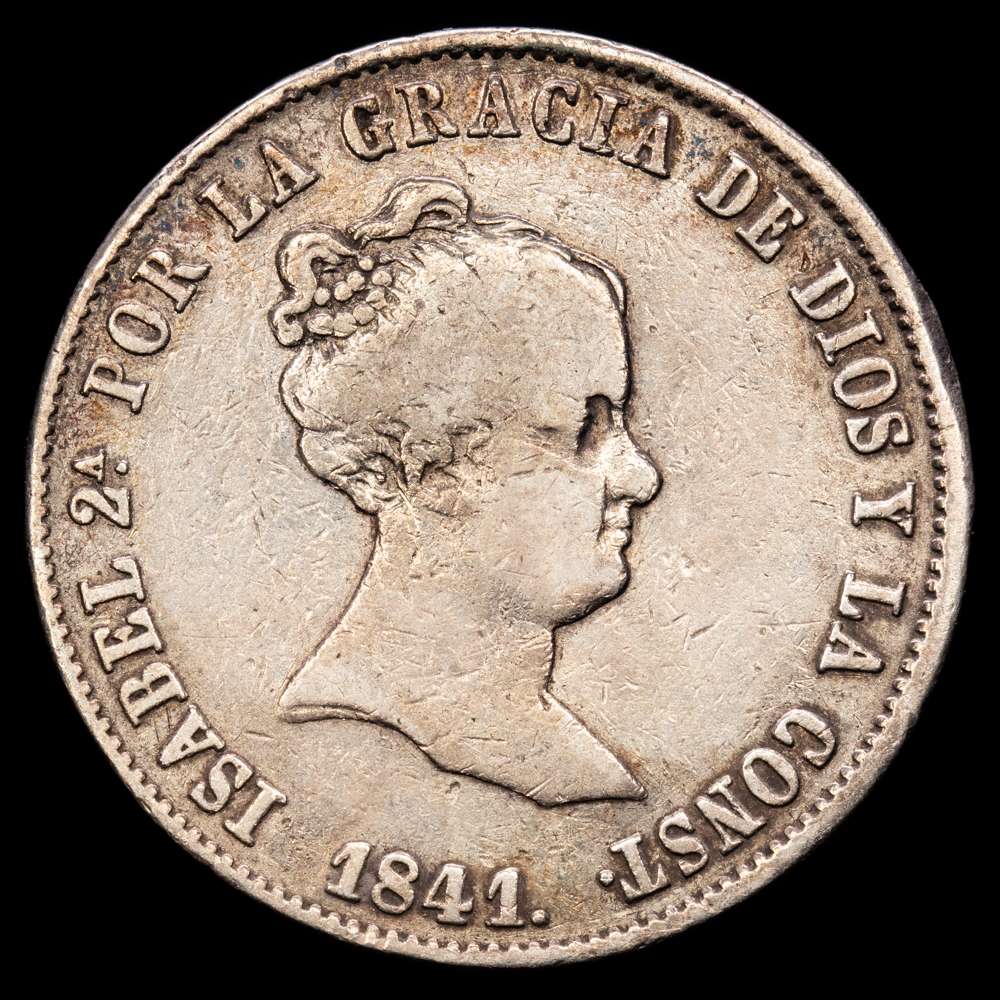 Isabel II (1833-1868). 10 reales. 1841. Madrid. CL. (Cal-521). Ae. 13,31 gramos. Rara. MBC.