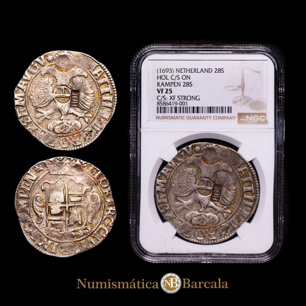 Países Bajos. Contrasello provincial de 28 Stuivers (Florijn). (16)85. NGC como VF25, Contramarca (XF Strong) HOL en Kampen 28 Stuivers ND (Delm. 1113 / CNM 2.20.57) con título de Matthias.