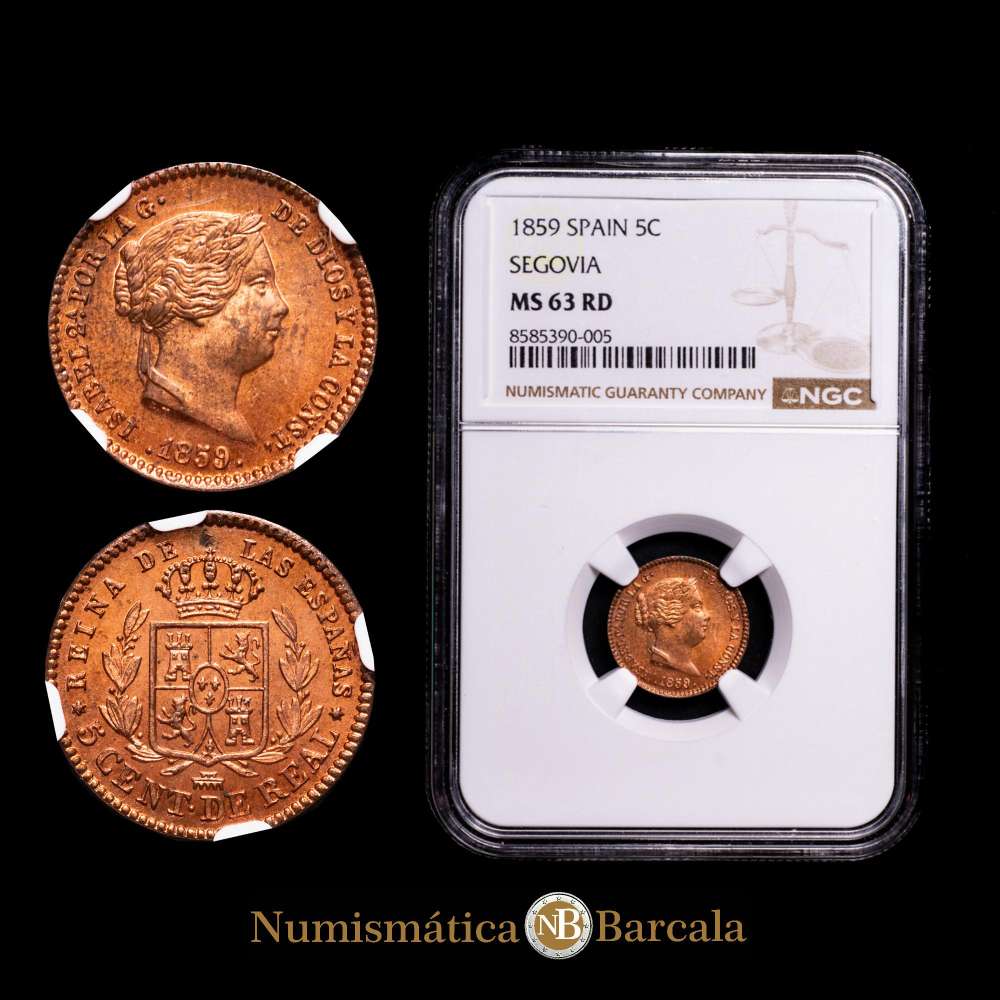 Isabel II (1833-1868). 5 céntimos de real. 1859. Segovia. (Cal-164). Ae. Pleno brillo original. Encapsulada por NGC como MS 63 RD.
