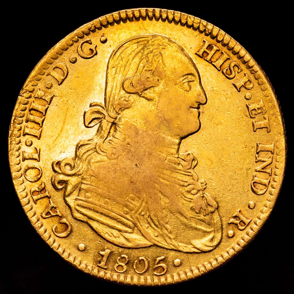 CARLOS IV. 4 escudos. 1805. México. TH. AU 13,45 g. 30 mm. VI-1220; AC-1503. Parte del brillo original. MBC+. Rara.