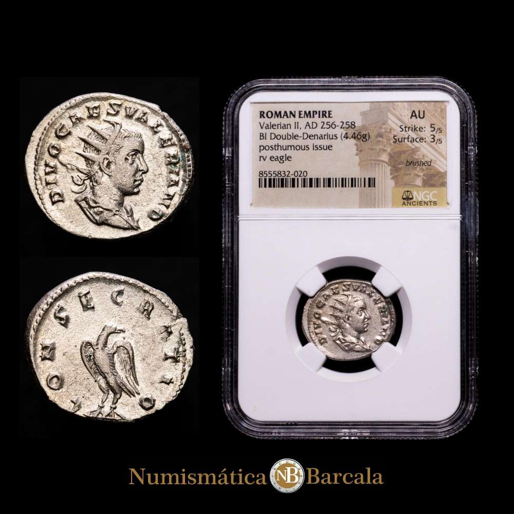 Divus Valeriano II, 258 d. C. Antoniniano de plata (4,46 g). Roma, 256-258 d. C. RIC V.2 27; MIR 265 g; RSC 7. Encapsulado por NGC como AU. Surface 5/5, Strike 3/5.