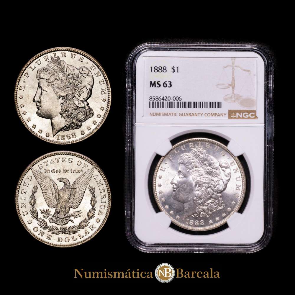 Estados Unidos. 1888. 1 Dólar “Morgan Dollar” Plata (.900) Casa de la Moneda de Filadelfia. KM.110. (11100000). 26.73g. Encapsulado por NGC como MS 63.