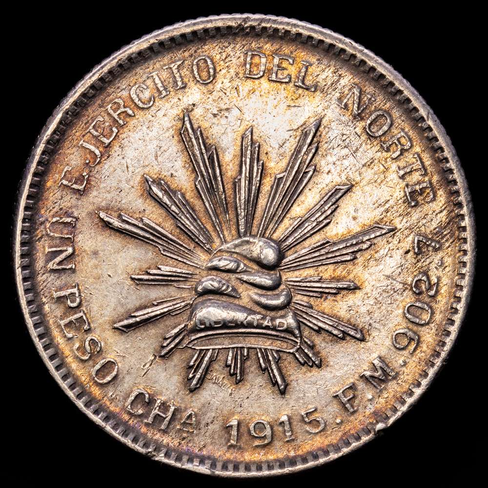 México. 1 Peso. 1915. Chihuahua. FM. Ejército del Norte. (Km-619). Ag. 27,29 gramos. Agradable brillo ligeramente tonificado en color dorado. Escasa. EBC.
