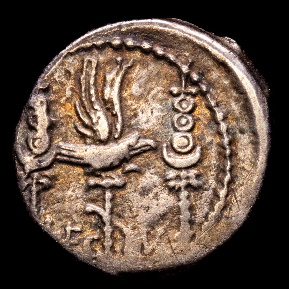 Marco Antonio. Denario. 32-31 a.C. Ceca volante. (Ffc-35). (Craw-544/17). (Cal-182). LEG. IV. Ag. 3,72 g. Marcas de banquero. Ligero tono iridiscente. MBC-.