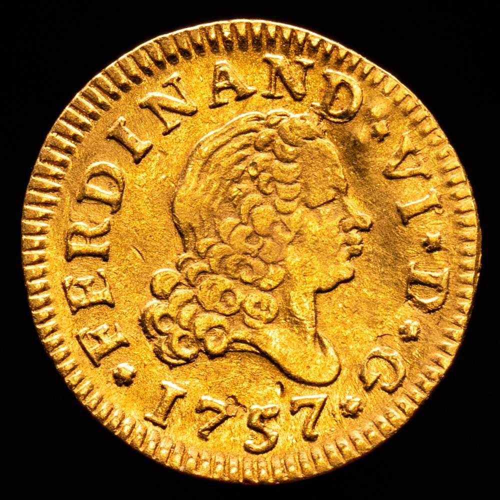 Fernando VI (1746-1759). 1/2 escudo. 1757. Madrid. JB. (Cal-561). Au. 1,77 gramos. Cuarto busto. MBC+.