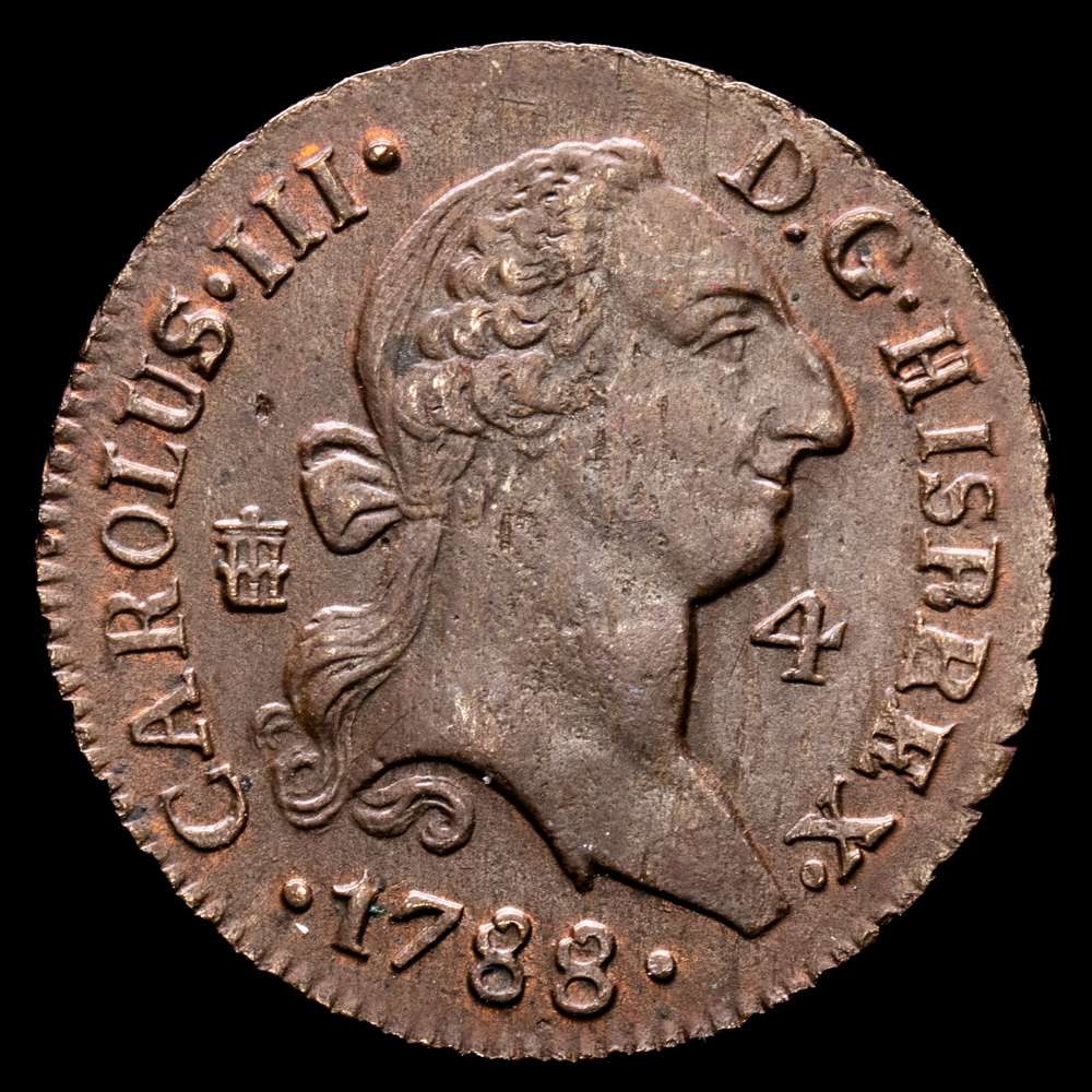 Carlos III (1759-1788). Segovia. 4 maravedís. 1788. (Cal-67). Ae. 5,28 g. EBC+, mínimos restos de color original. Atractivo ejemplar con un buen anverso.