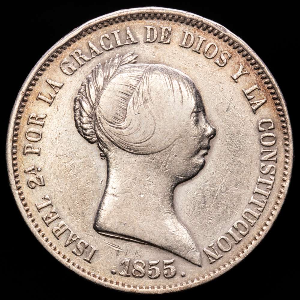Isabel II (1833-1868). 20 reales. 1855. Madrid. (Cal-597). Ag. 25,67 gramos. Marquitas. Ligero tono. MBC+.