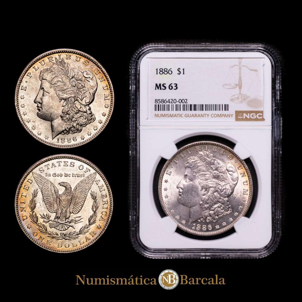 Estados Unidos. 1886. 1 Dólar “Morgan Dollar” Plata (.900) Casa de la Moneda de Filadelfia. KM.110. (11100000). 26.73g. Encapsulado por NGC como MS 63.