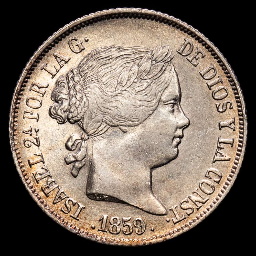 Isabel II (1833-1868). 4 reales. 1859/7. Barcelona. (Cal-431). Ag. 5,19 gramos. Sobrefecha. Restos de brillo originales. EBC. Suave tono.