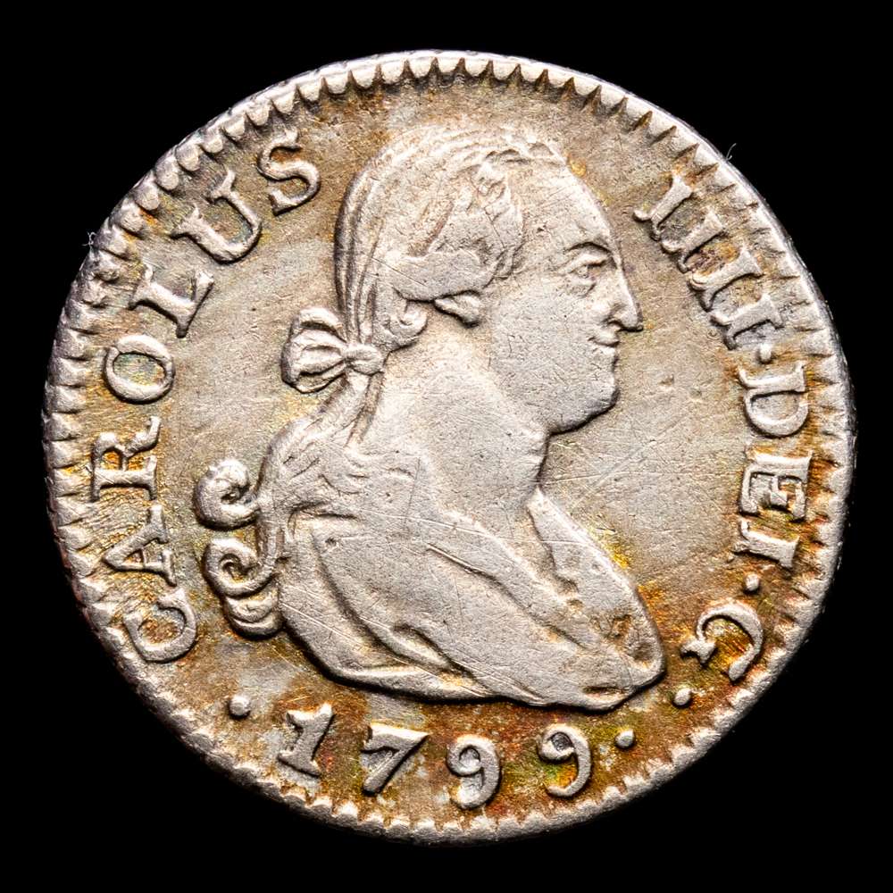 Carlos IV. 1/2 Real. (1,4 g.). Madrid. 1799. Ensayador M·F. Aureo y Calico-261. MBC+.