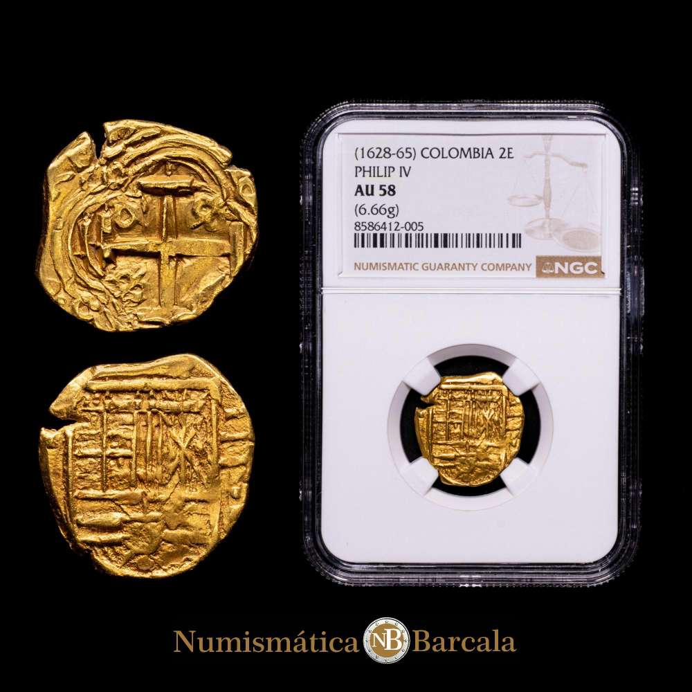 Felipe IV (1628-1665). 2 escudos. ND (1642-1663). Santa Fe de Nuevo Reino. (Cal-Tipo 386). Au. 6,66 g. Fecha no visible, valor II horizontal. Rara. Encapsulada por NGC como AU 58.