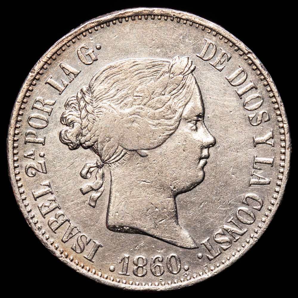 Isabel II (1833-1868). 10 reales. 1860/59. Barcelona. (Cal-514). Ag. 12,86 gramos. Sobrefecha. Limpiada. Escasa. MBC/MBC+.