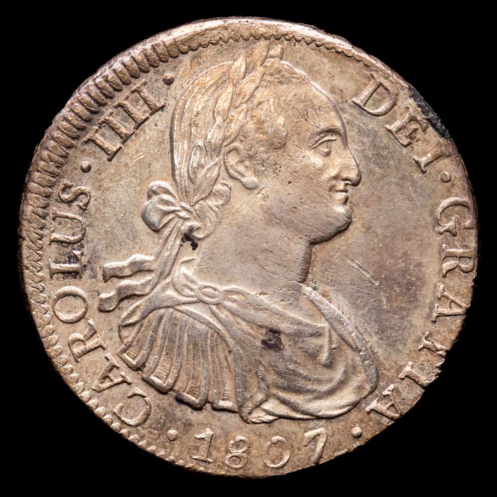 Carlos IV (1788-1808). 8 reales. 1807. México. TH. (Cal-986). Ag. 27,01 gramos. Suave pátina. EBC-.