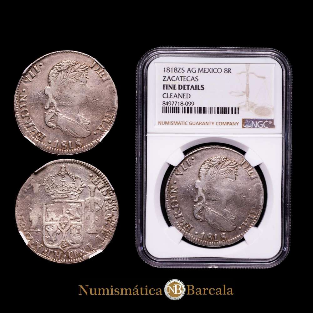 Fernando VII (1808-1833). 8 reales. 1818. Zacatecas. AG. (Cal-1459). 27.07g. Ag. (Zacatecas – Acuñación Realista). Encapsulada por NGC como Fine Details Cleaned.
