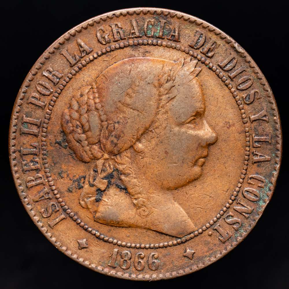 Isabel II (1833-1868). 5 céntimos de escudo. 1866. Júbia. Pecado OM. (Cal-247). Ae. 12,41 gramos. Rara, MBC. Muy pocos ejemplares conocidos.
