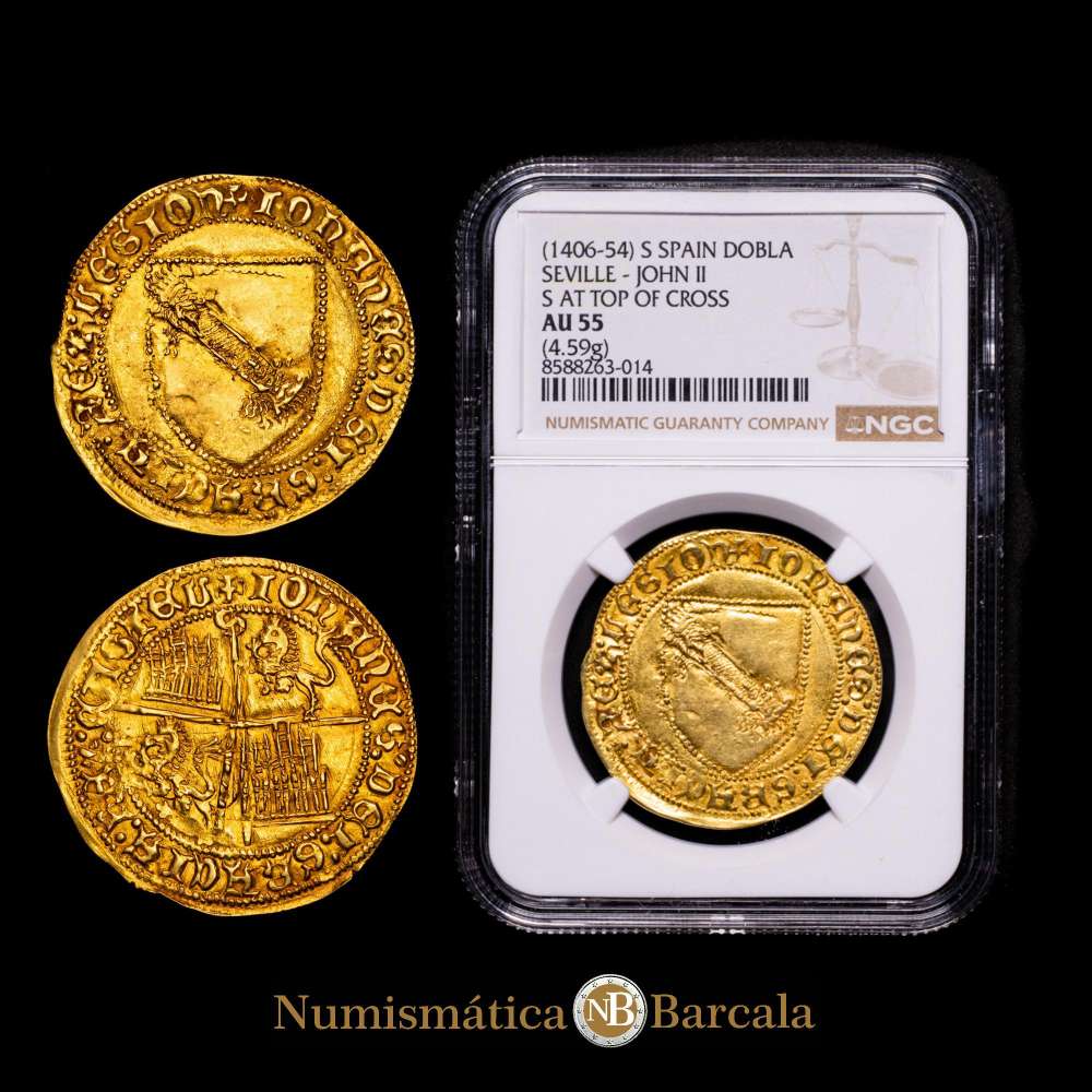 Reino de Castilla y León. Juan II (1406-1454). Dobla de la Banda. Sevilla. (Bautista-791). (Imperatrix-J2:6.43). Au. 4,59 g. Encapsulada por NGC como AU 55. Flan grande.
