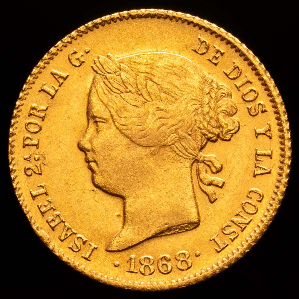 Isabel II (1833-1868). 4 pesos. 1868. Manila. (Cal-865). Au. 6,77gramos. Bello color. EBC/EBC+. Escasa así.