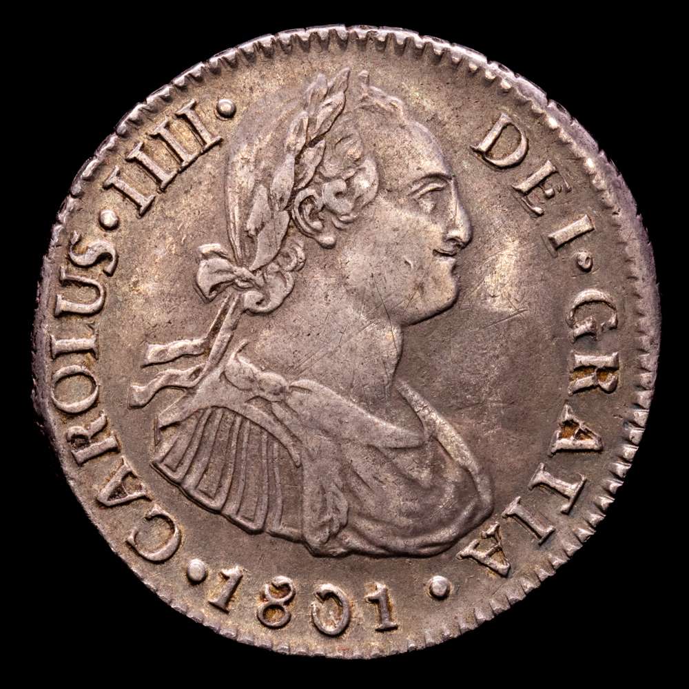 Carlos IV (1788-1808). 2 reales. 1801. Lima. IJ. (Cal-584). Ag. 6,63 g. Pátina. Escasa así. MBC+.