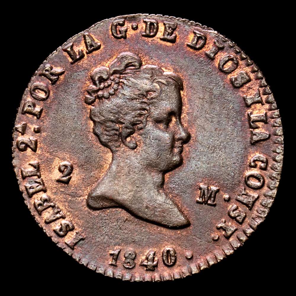 Isabel II (1833-1868). 2 maravedís. 1840. Segovia. (Cal-51). Ae. 2,15 gramos. Restos de brillo originales. Atractiva. EBC+.