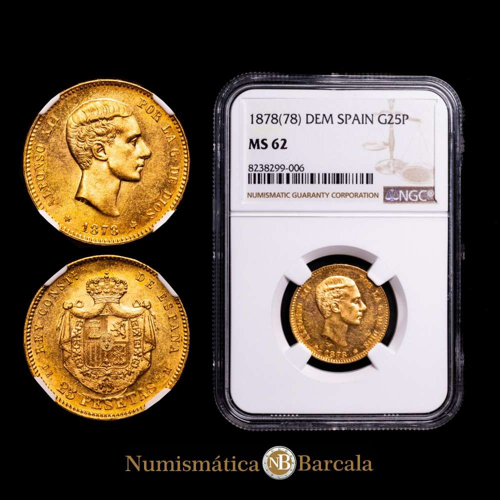 Alfonso XII (1874-1885). 25 pesetas. 1878*18-78. Madrid. DEM. (Cal-70). Au. 8,07 gramos. Brillo original. Encapsulado por NGC como MS 62.
