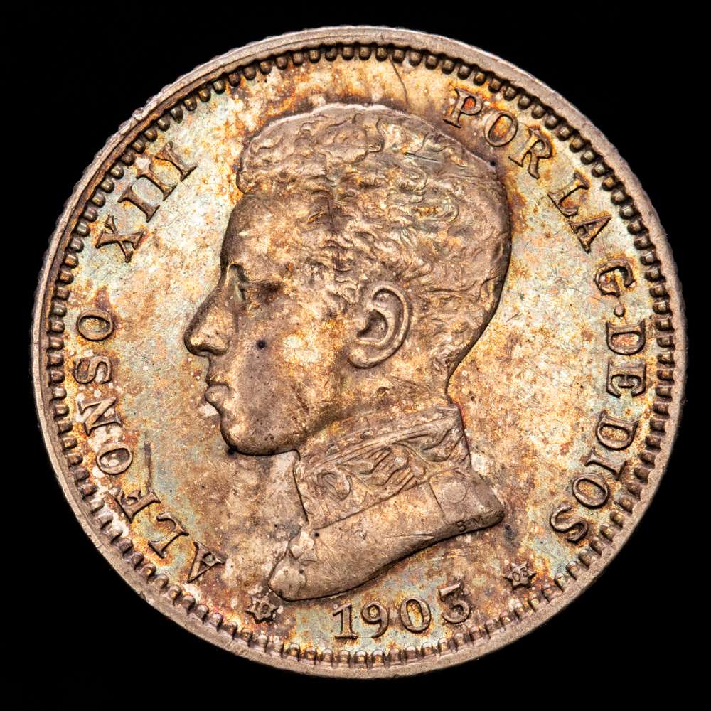 Centenario de la Peseta (1868-1931). Alfonso XIII (1886-1931). 1 peseta. 1903*19-03. Madrid. SMV. (Cal-67). Ag. 5,01 gramos. Bella pátina. Restos de brillo originales. EBC+.