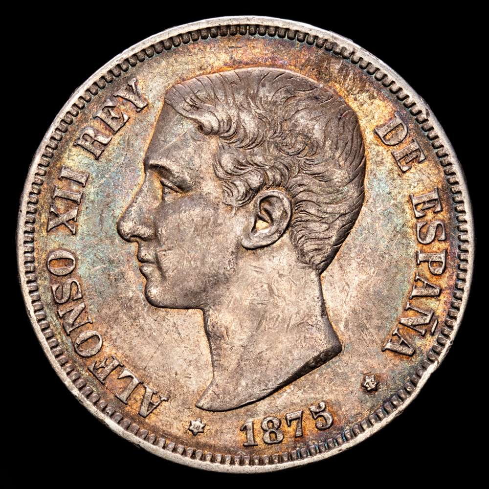 Alfonso XII. 5 Pesetas. (24,84 g.). Madrid. 1875 *18-75*. DE·M. CAL-35. Pátina . MBC+.